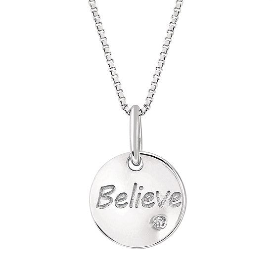 Sterling Silver Disc Necklace Believe with Diamonds