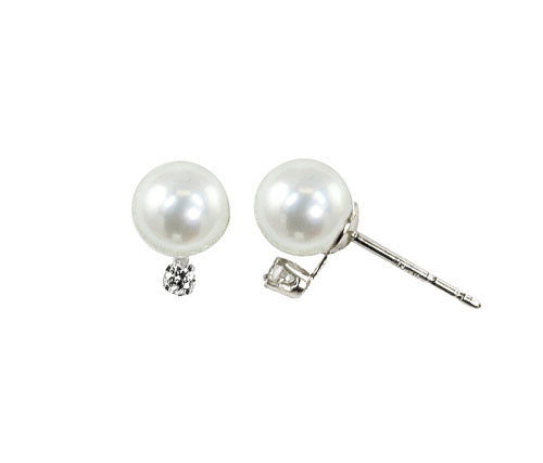 14K White Gold Pearl Stud Earrings with Diamonds