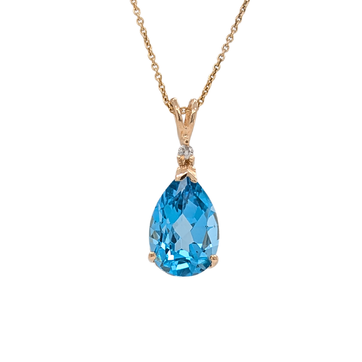 Estate: 14K Gold Blue Topaz Pear Shape Necklace with Diamond