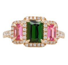 14KT Green & Pink Tourmaline Three Stone Ring with Diamonds