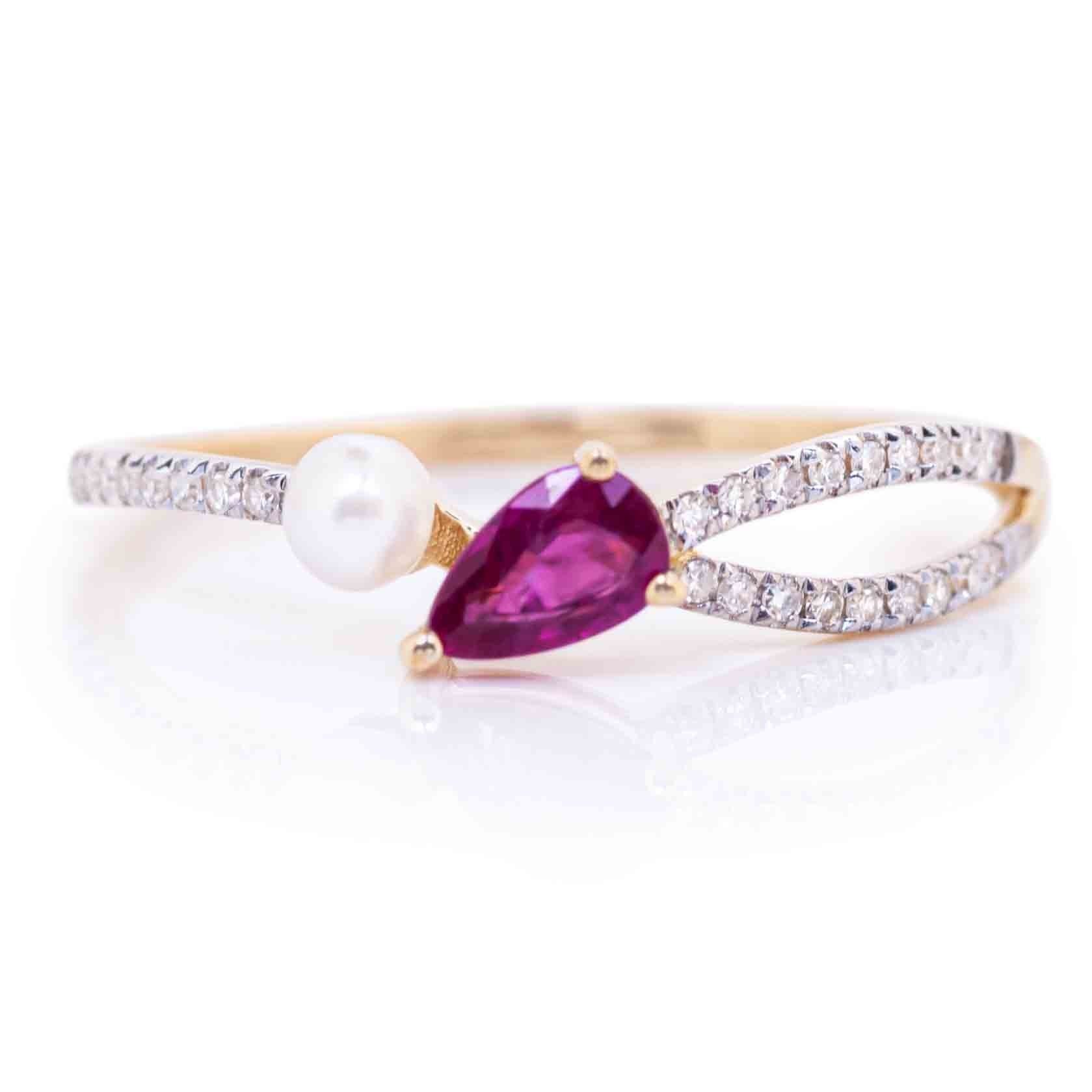 14K Ruby & Pearl Asymmetrical Ring with Diamonds