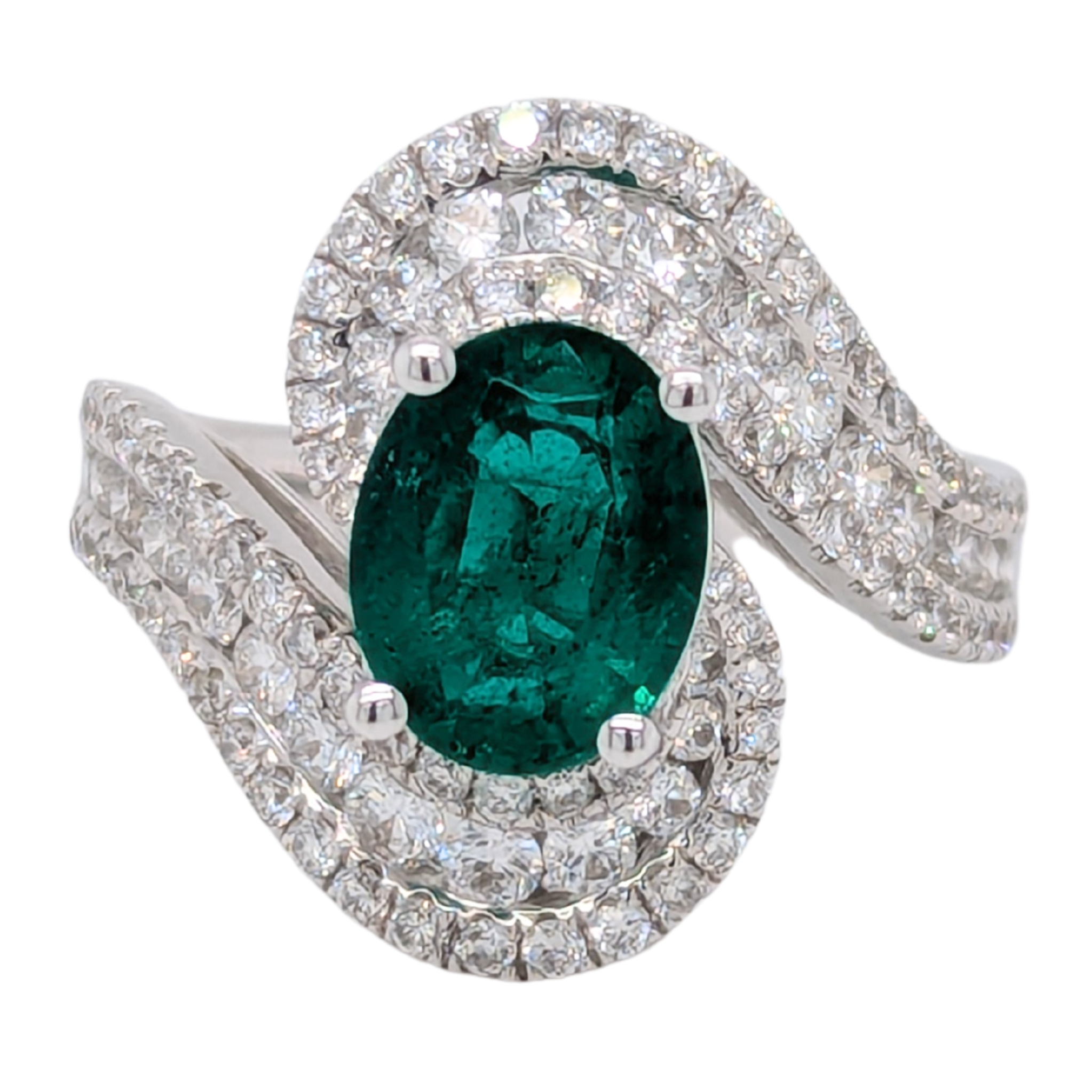 18K White Gold Oval Emerald & Diamond Bypass Ring