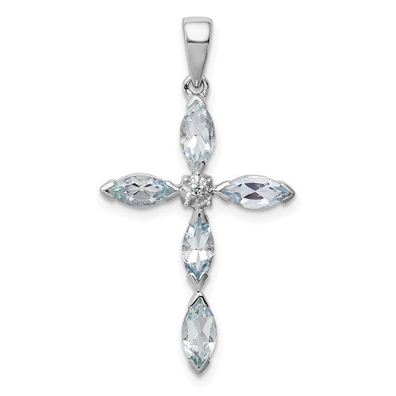 Sterling Silver Aquamarine Cross Necklace 18"