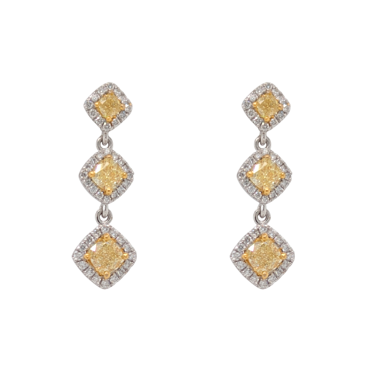 14K Gold Cushion Yellow Diamond Three Drop Earrings