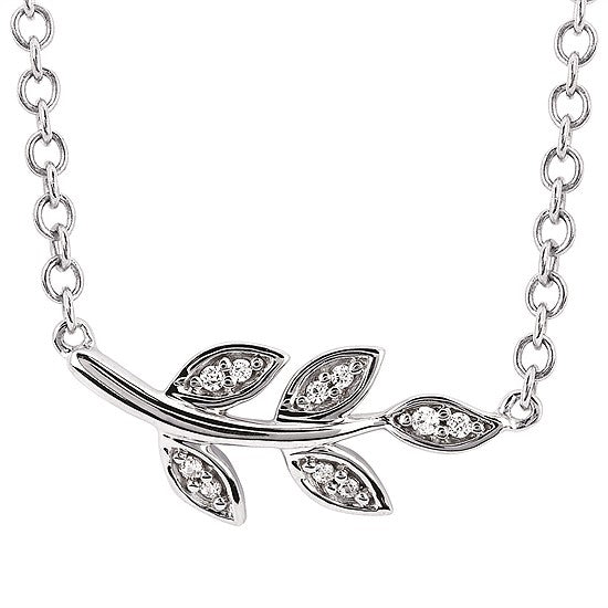 Sterling Silver Diamond Leaf Bar Necklace