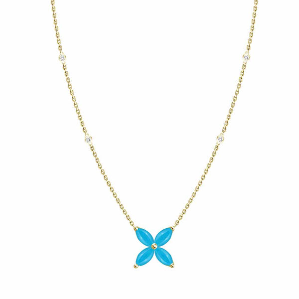 18K Yellow Gold Turquoise Flower Necklace