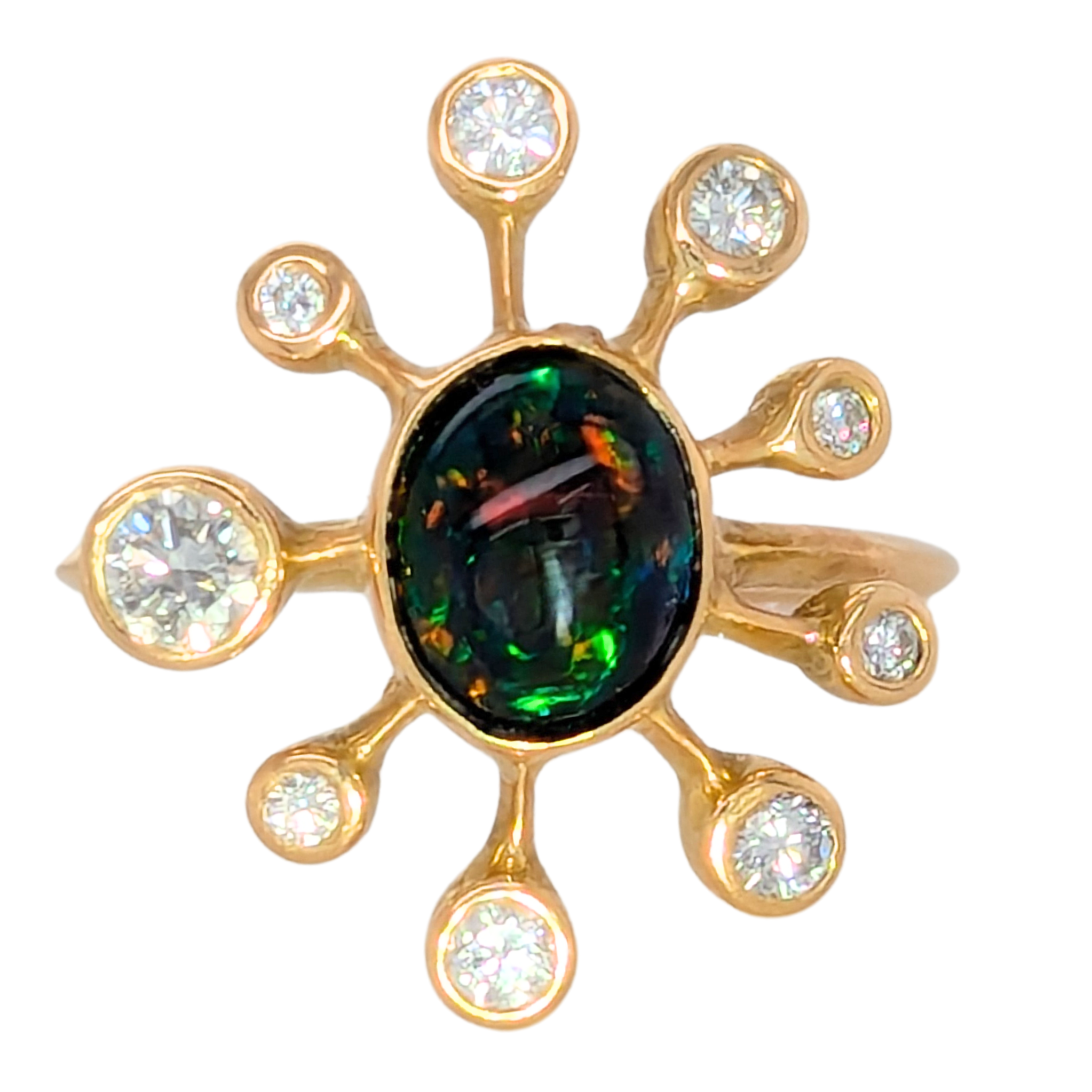 Estate: 18K Yellow Gold Black Opal & Diamond Starburst Ring