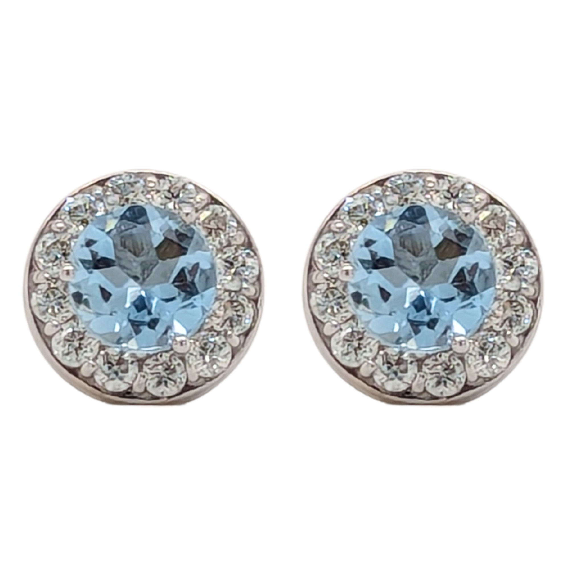 14K White Gold Aquamarine Diamond Halo Birthstone Earrings