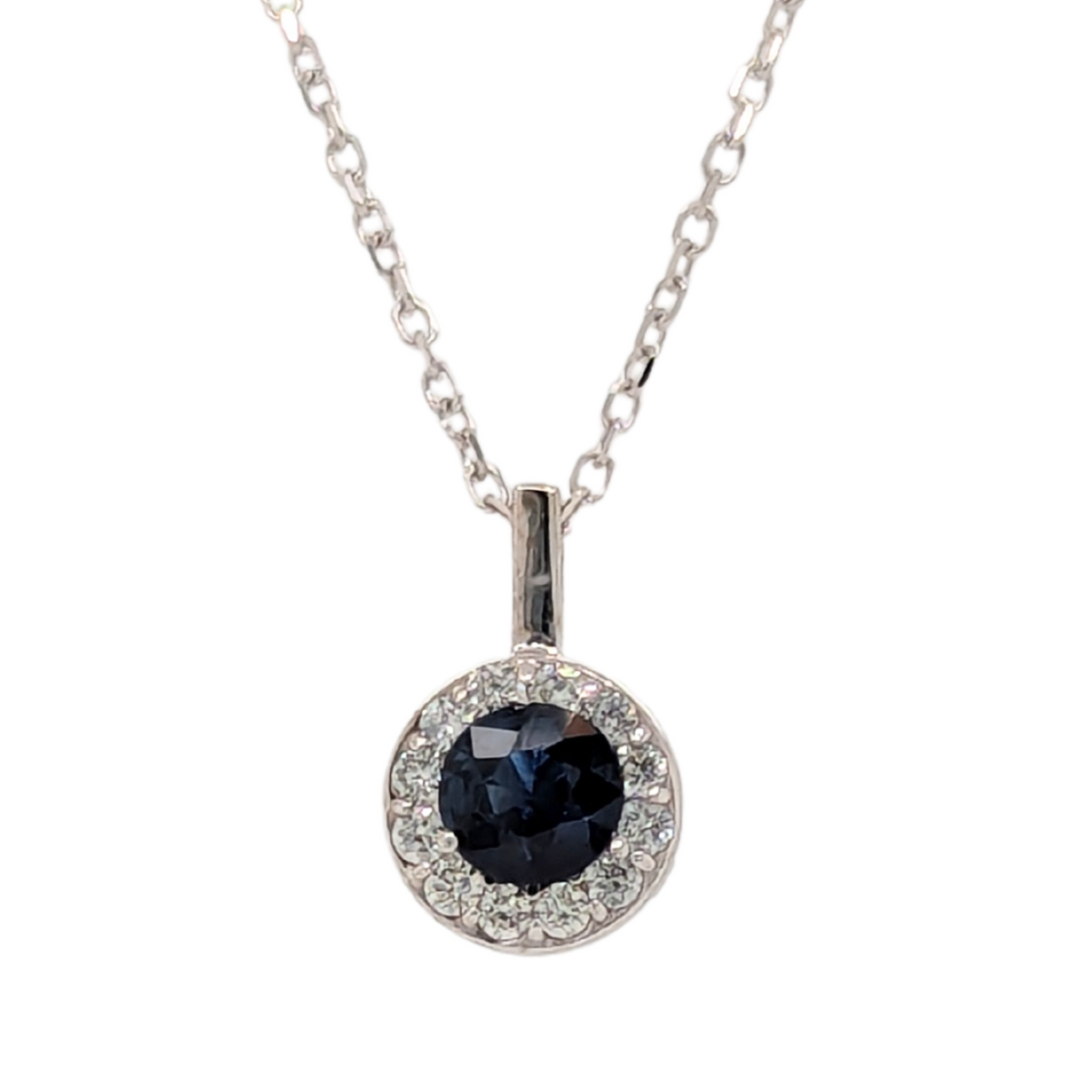 14K Gold Blue Sapphire Diamond Halo Necklace