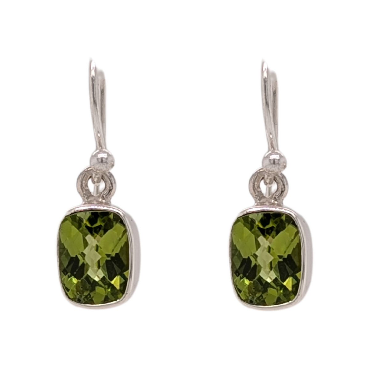 Sterling Silver Cushion Cut Peridot Dangle Earrings