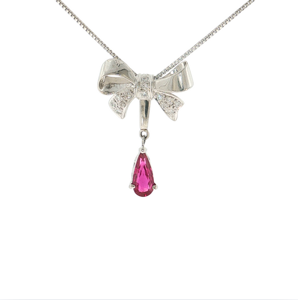 Estate Platinum 1.09ct Ruby .11ctw Diamond Bow Necklace