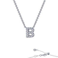 Sterling Silver Initial "B" Block Necklace With Pave Simulated Diamonds