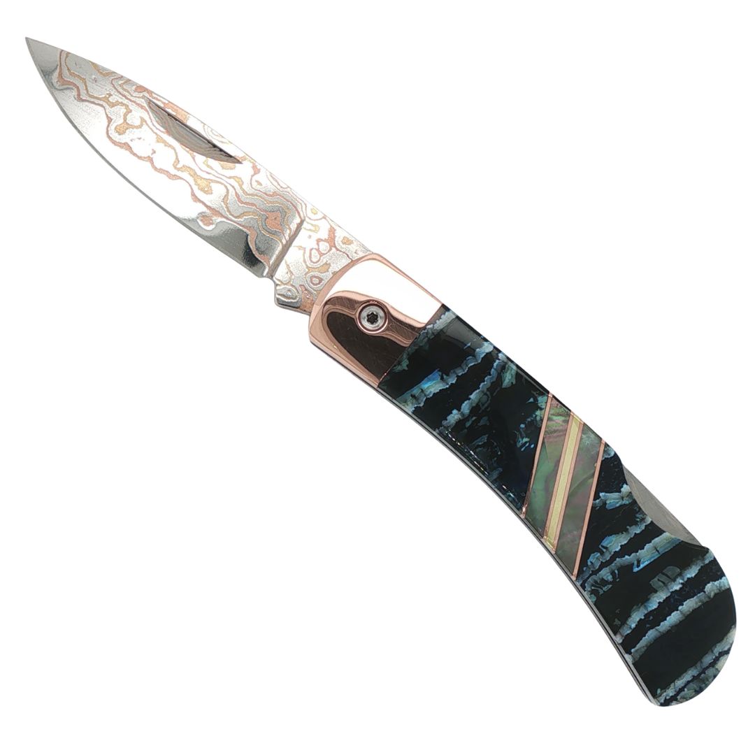 Santa Fe Stonework Copper & Brass Damascus Blue Mammoth Tooth Pocket Knife.