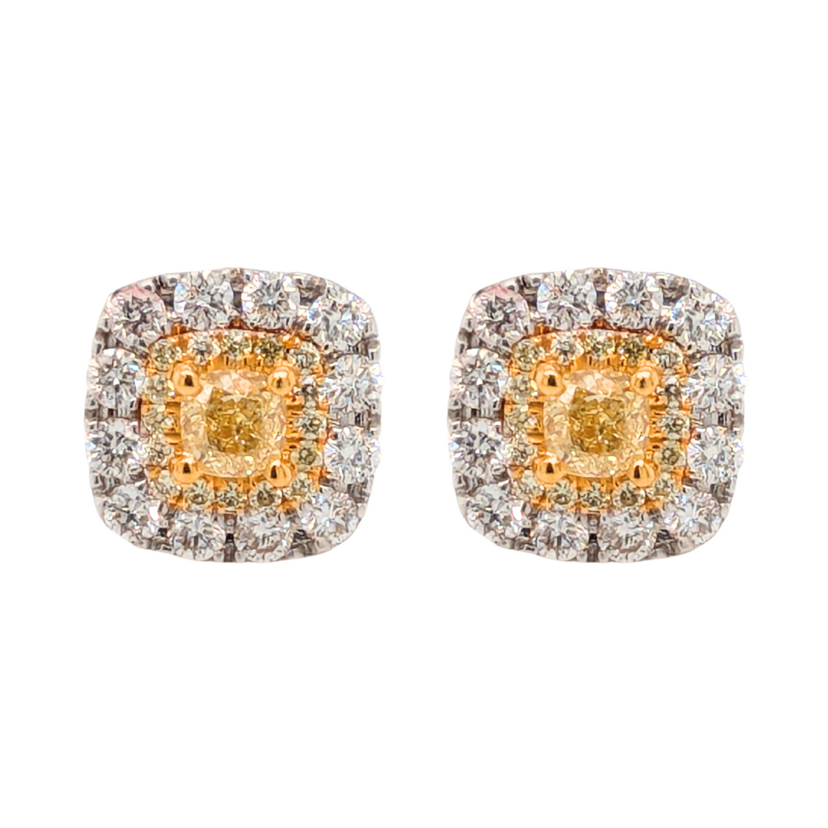14K Two Tone Natural Yellow Cushion Halo Stud Earrings .97CTW