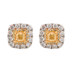 14K Two Tone Natural Yellow Cushion Halo Stud Earrings .97CTW