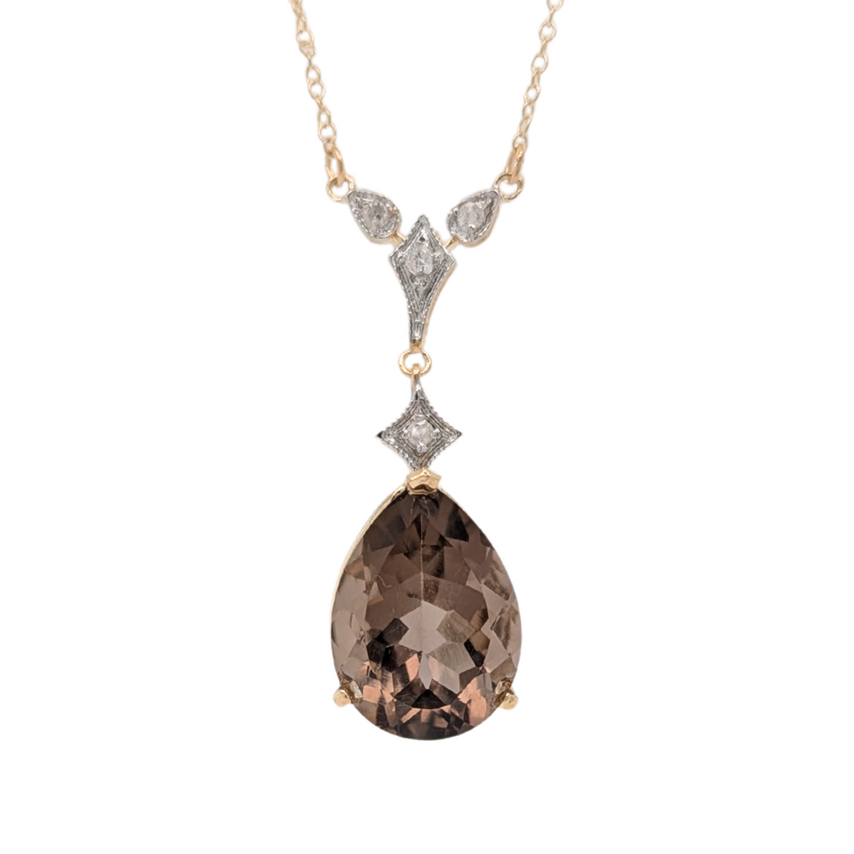 Estate: 14K Gold Pear Shape Smokey Quartz & Diamond Necklace