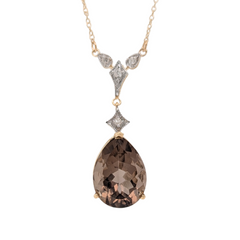 Estate: 14K Gold Pear Shape Smokey Quartz & Diamond Necklace