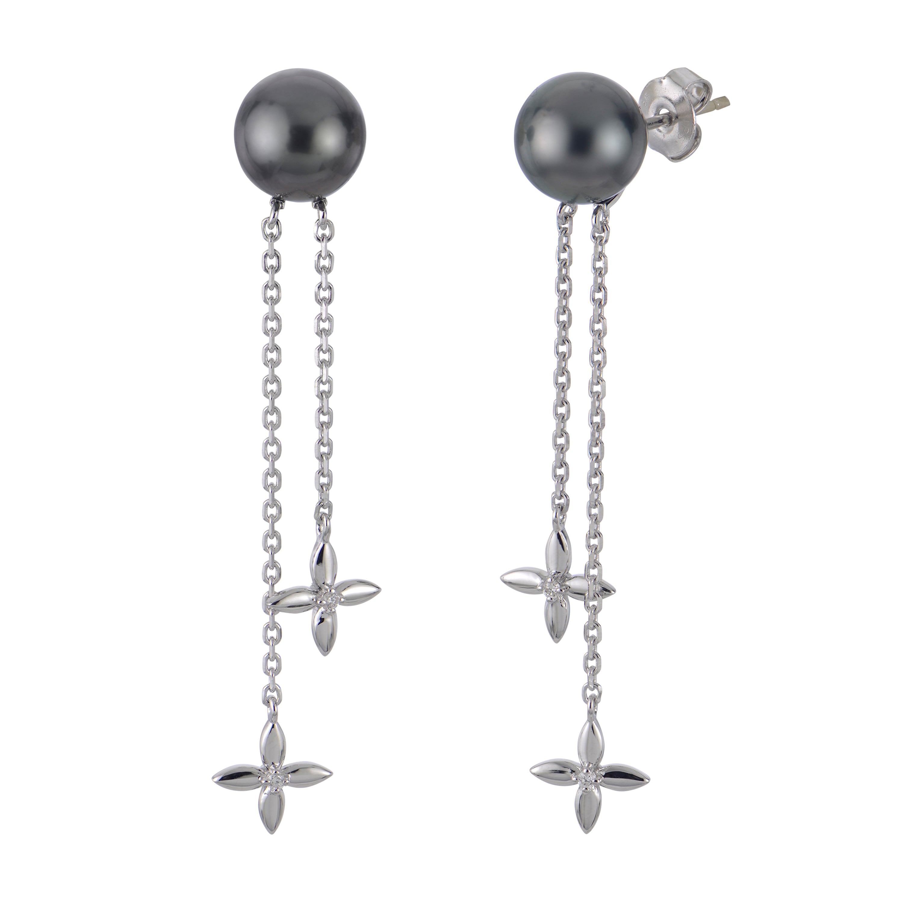 Sterling Silver Tahitian Dangle Earrings with Diamonds