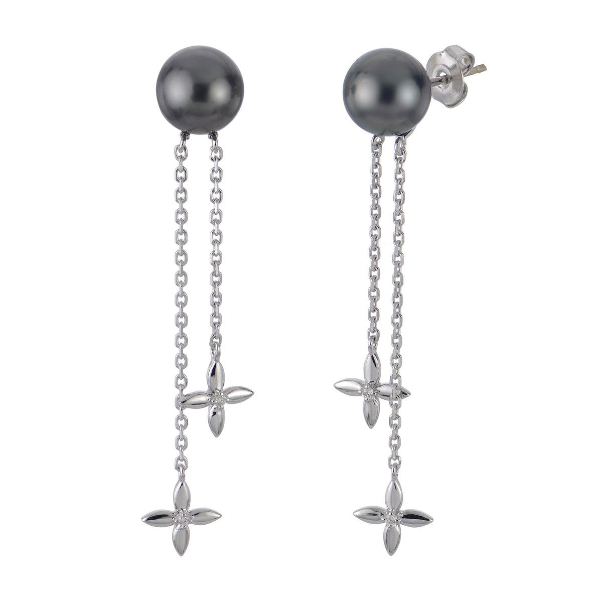 Sterling Silver Tahitian Dangle Earrings with Diamonds