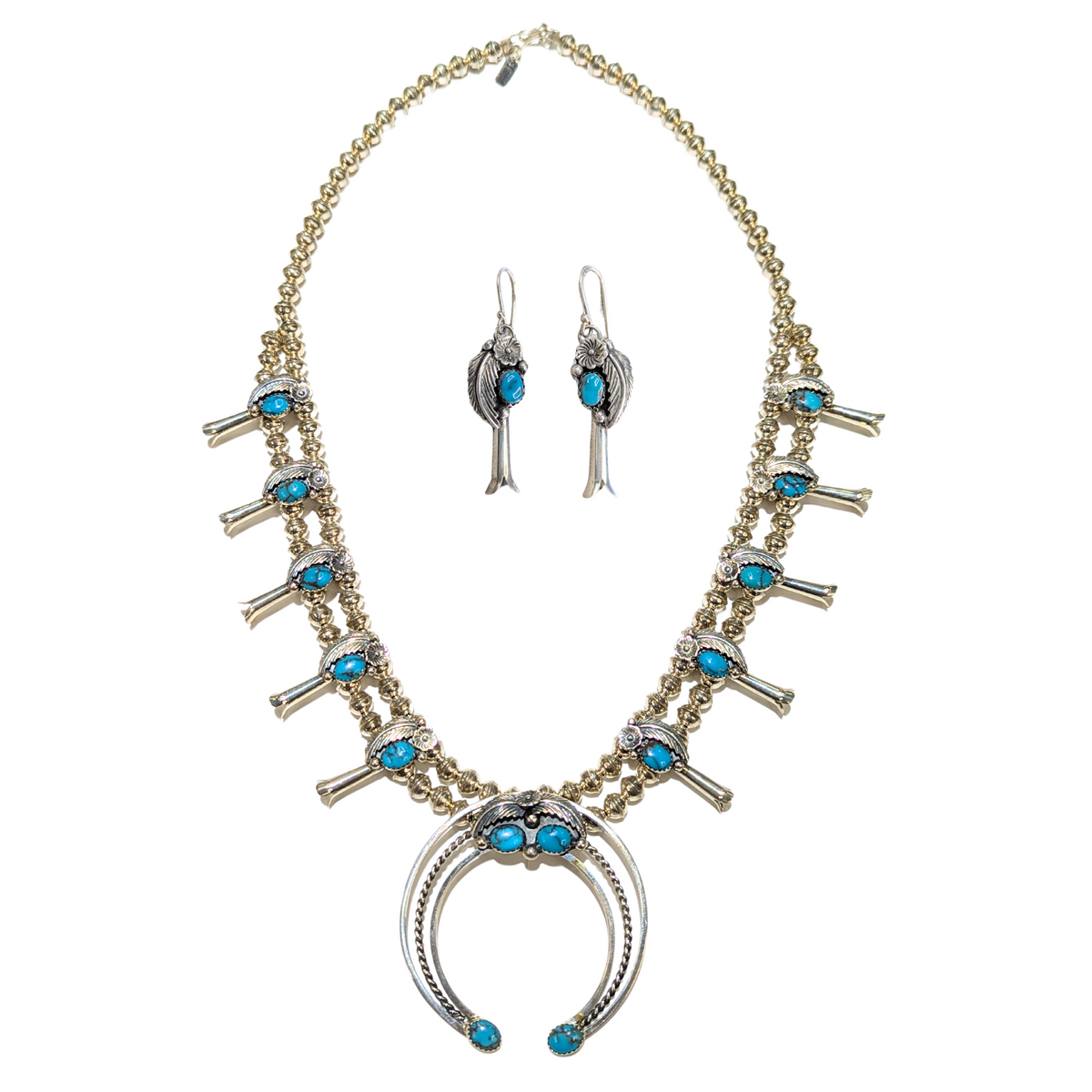 Sterling Silver Native American Squash Blossom Necklace and Earring Set with Turquoise