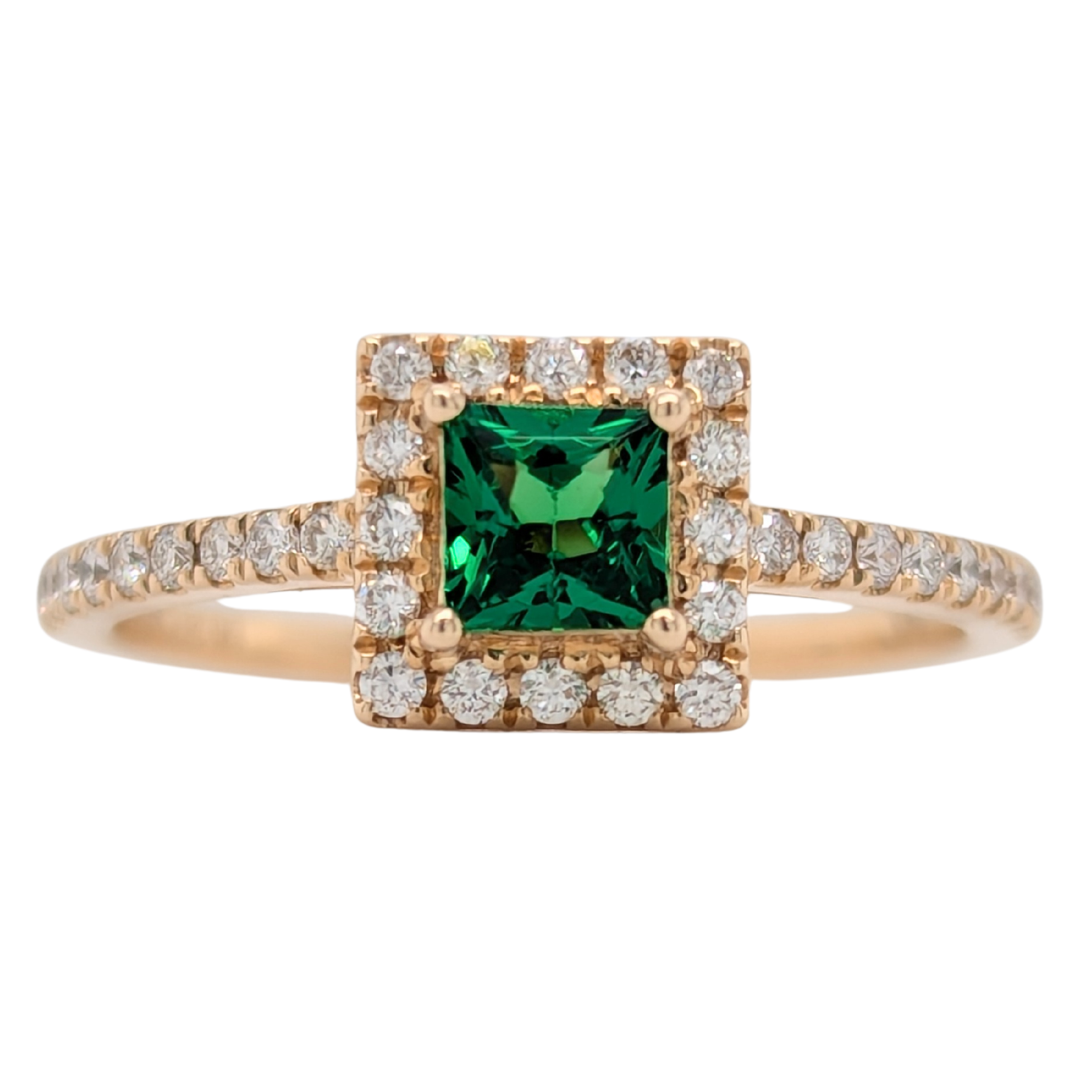 14K Yellow Gold Square Tsavorite Garnet Diamond Halo Ring
