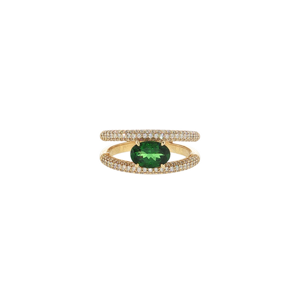 18K YG 1.20CT OVAL TSAVORITE .60CTW PAVE DIAMOND RING