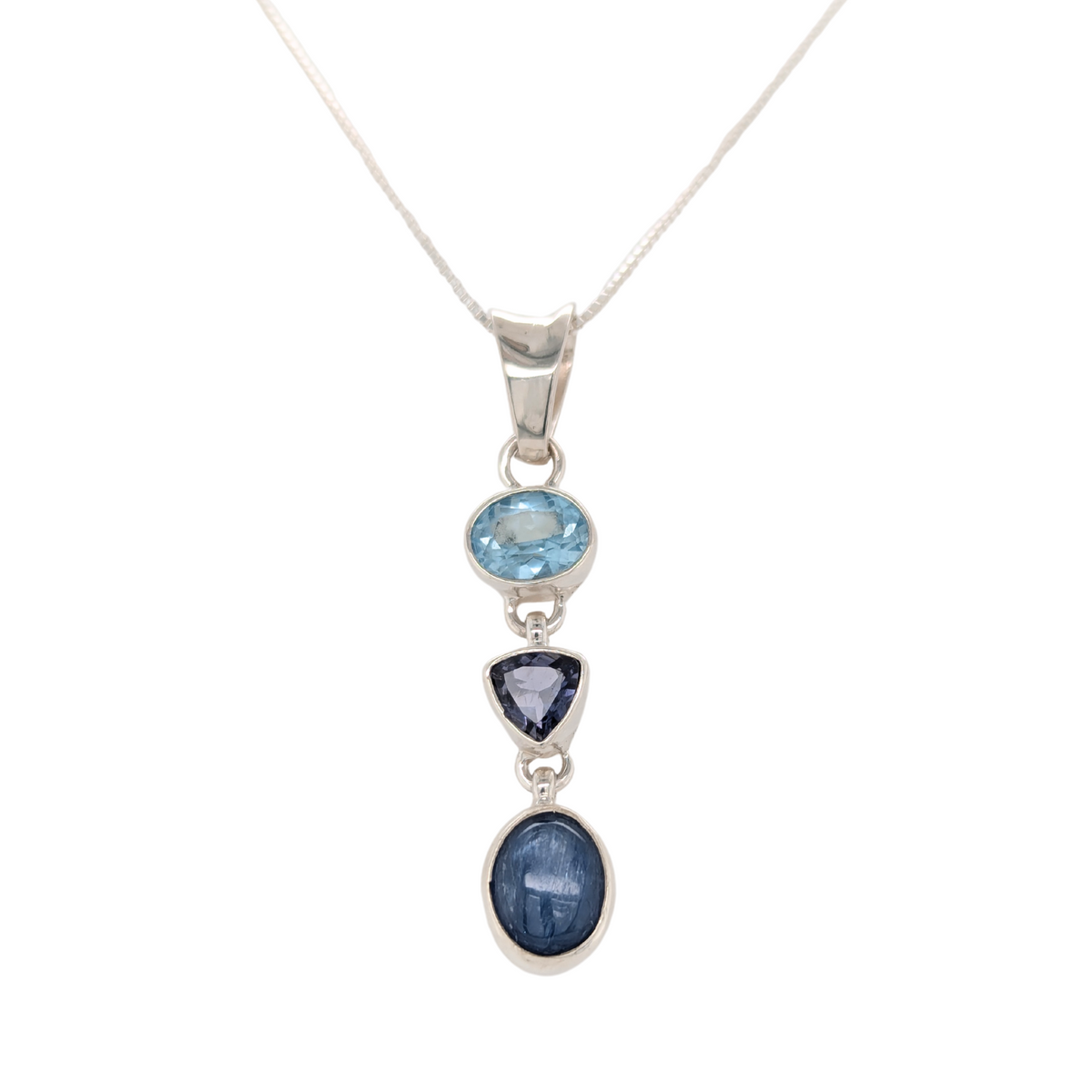 Sterling Silver Linear Blue Topaz, Iolite & Blue Kyanite Necklace
