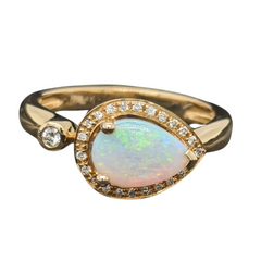 14K Yellow Gold Pear Shape Opal with Diamond Ring