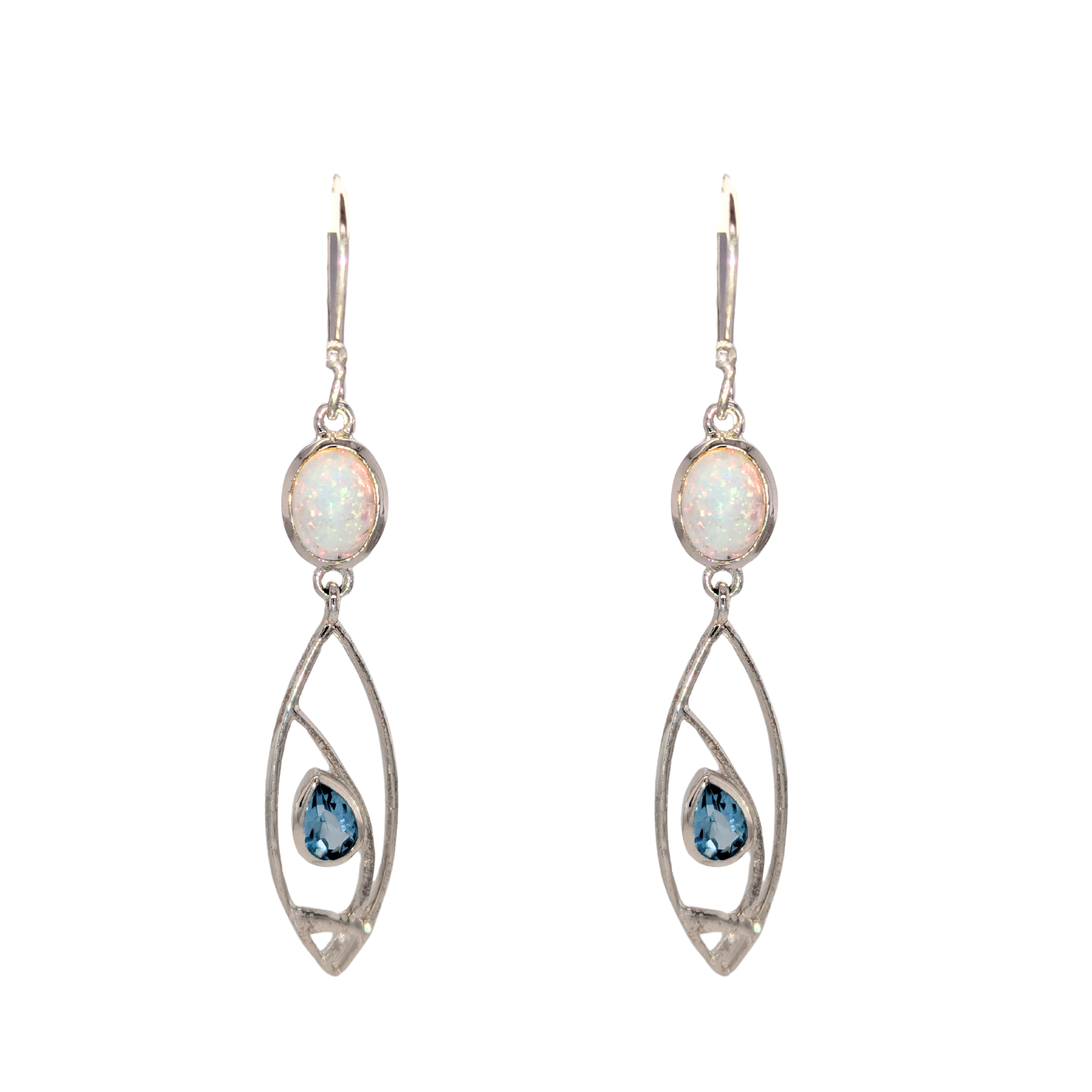 Sterling Silver Opal & Blue Topaz Long Dangle Earrings