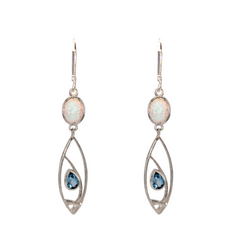Sterling Silver Opal & Blue Topaz Long Dangle Earrings