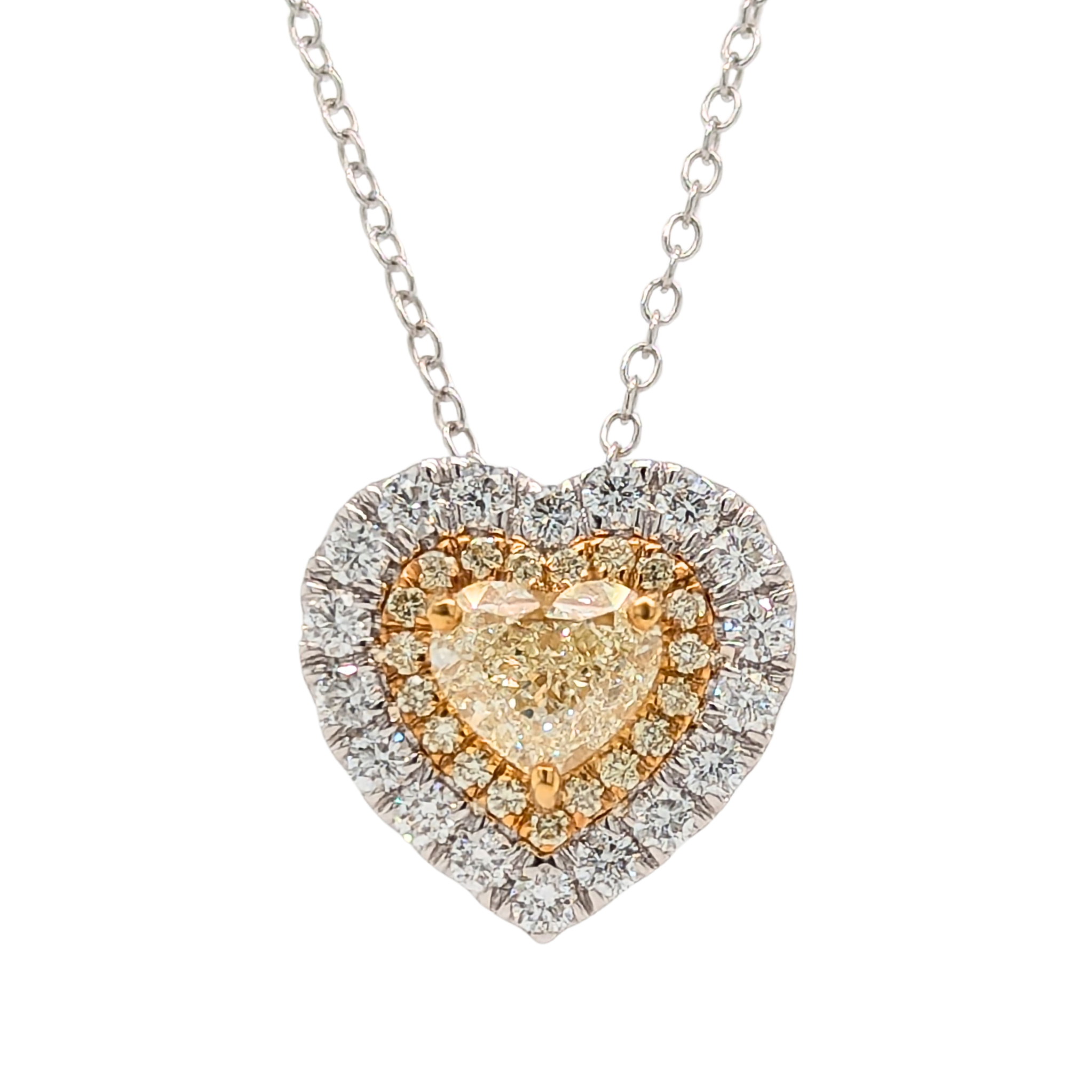 14K Gold Double Halo Yellow Diamond Heart Pendant with Silver Chain