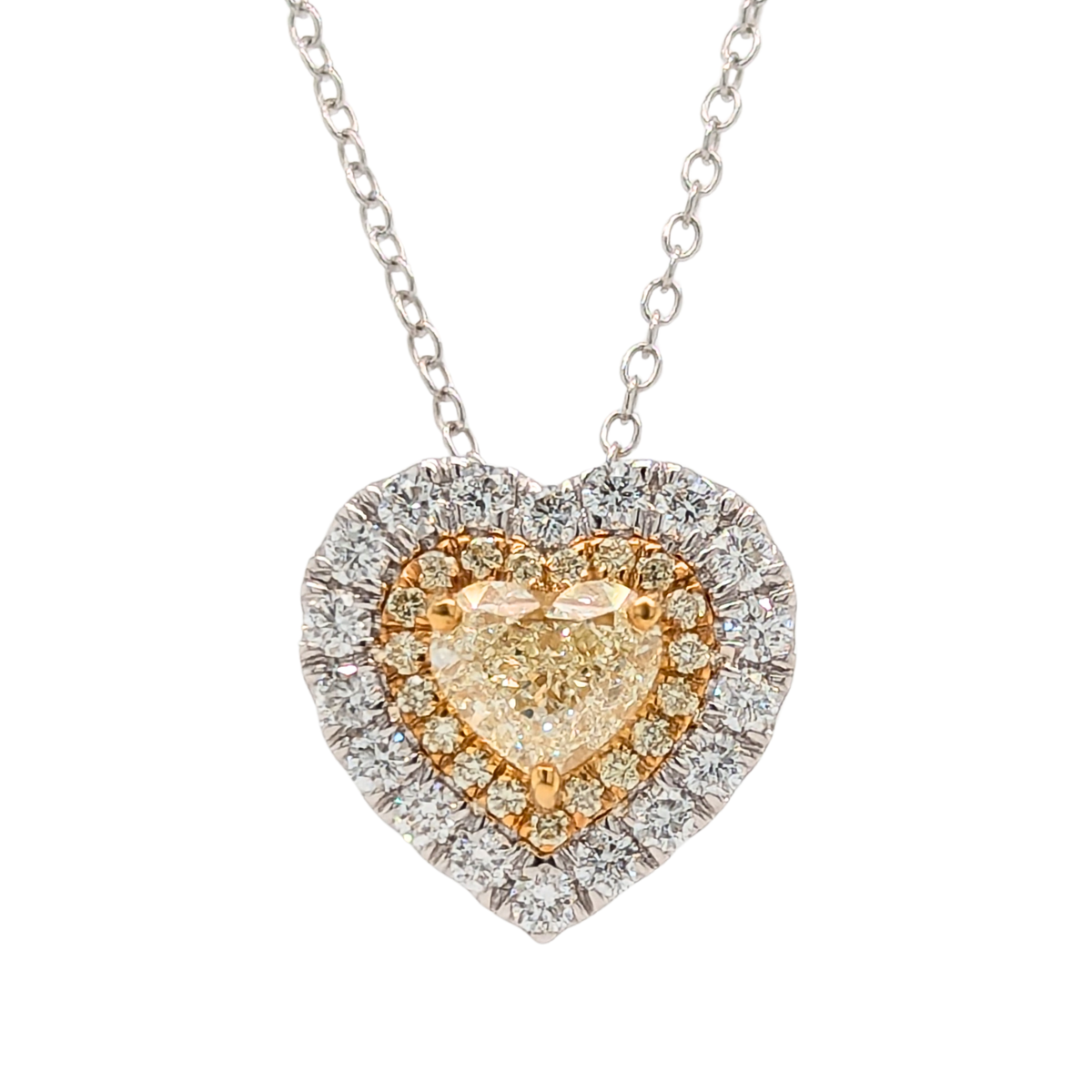 14K Gold Double Halo Yellow Diamond Heart Pendant with Silver Chain
