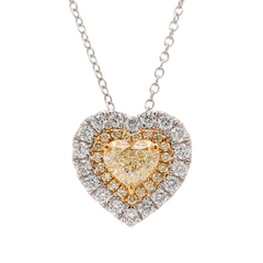 14K Gold Double Halo Yellow Diamond Heart Pendant with Silver Chain