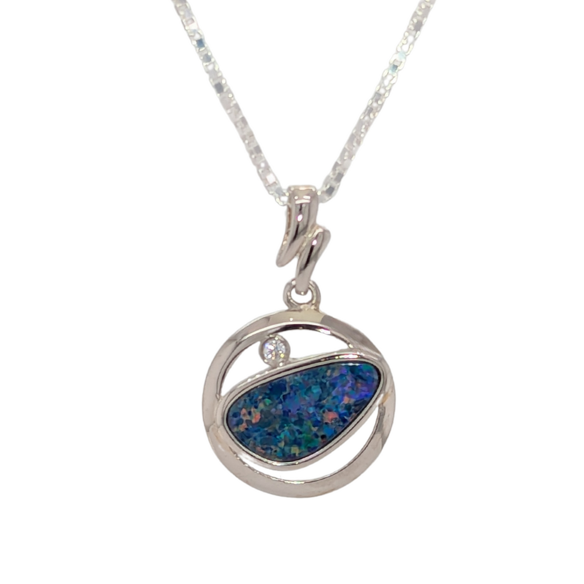 Sterling Silver Australian Opal Freeform Doublet Necklace with Diamond Accent