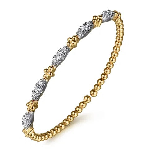 14K White & Yellow Gold Bujukan Clover and Diamond Station Split Bangle Bracelet.