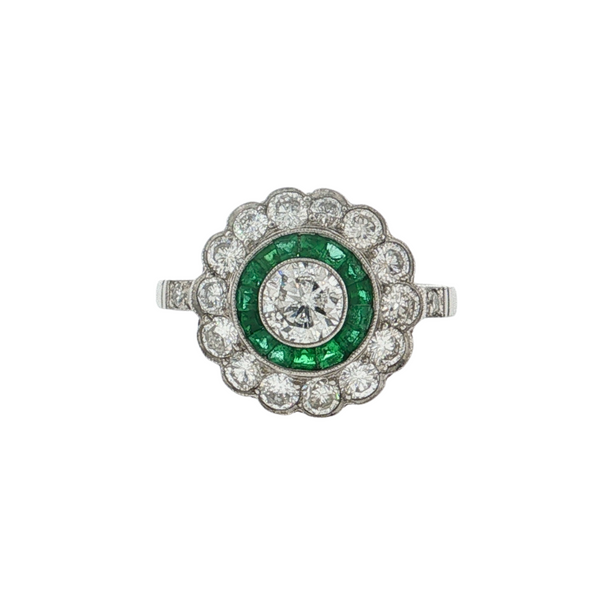 Estate Handmade Platinum .62ct Center 32ctw Diamond and Emerald Halo Ring SZ6