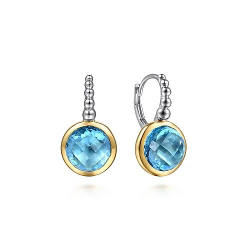 14K Yellow Gold and 925 Sterling Silver Bujukan Round Blue Topaz Leverback Earrings