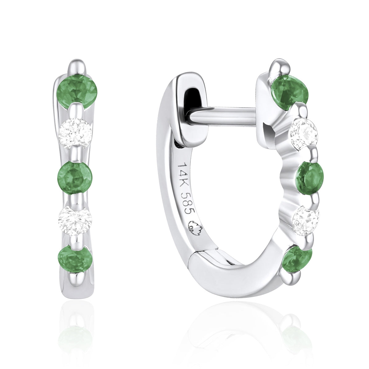 14K White Gold Emerald with Diamond Huggies