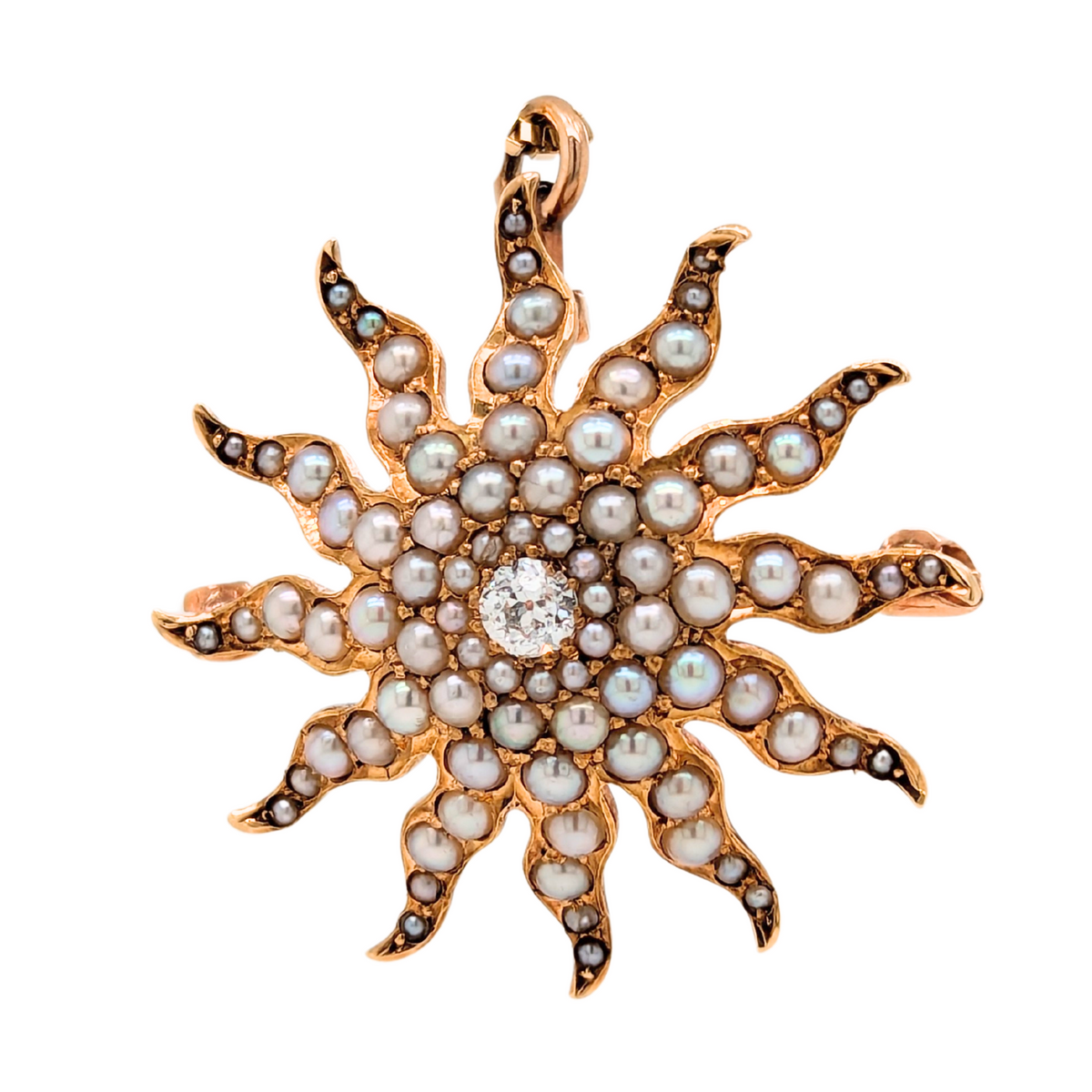 Estate: Antique14K Seed Pearl & Diamond Sunburst Pendant