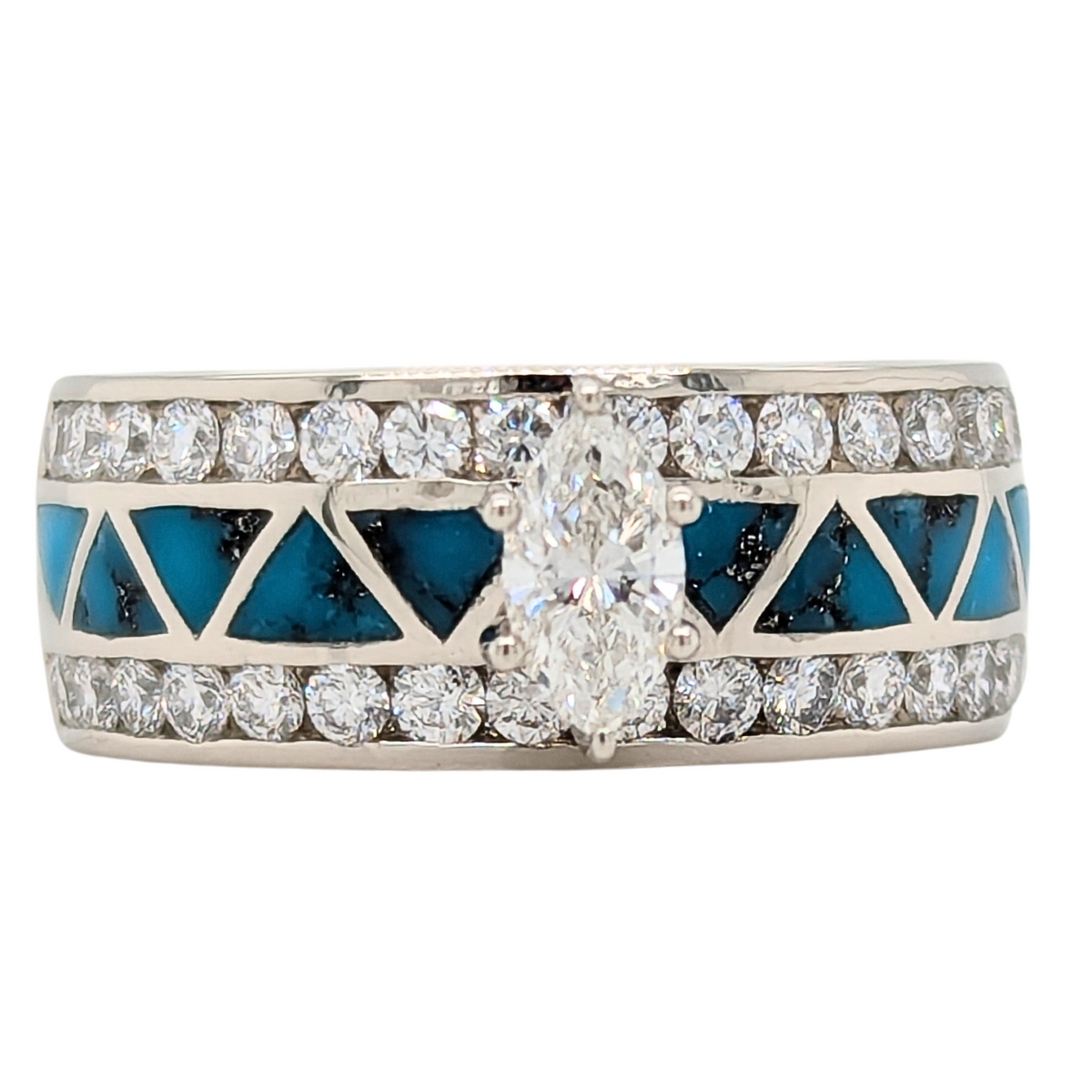 14K White Gold Marquise Diamond & Turquoise Inlay Ring