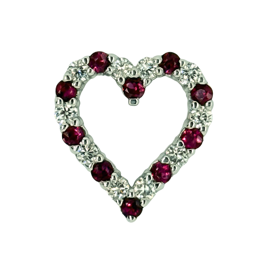 14kt White Gold .51ctw Ruby .38ctw Diamond Heart Pendant and 18in Cable Chain