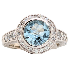 Estate: 14K White Gold 2CT Round Aquamarine & Diamond Ring