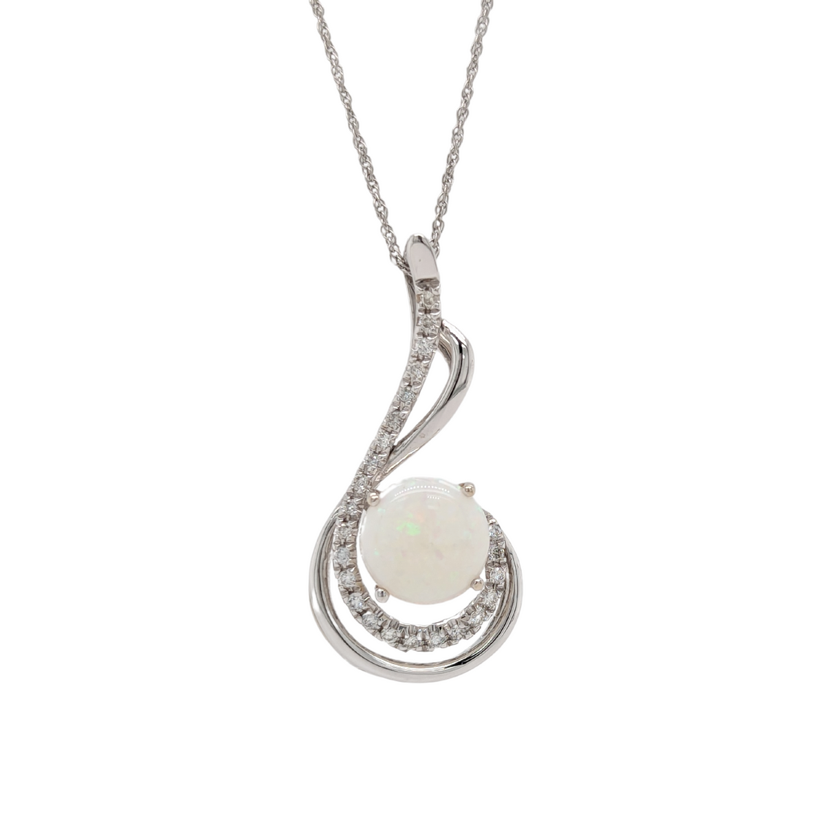 14K White Gold Opal and Diamond Swirl Necklace