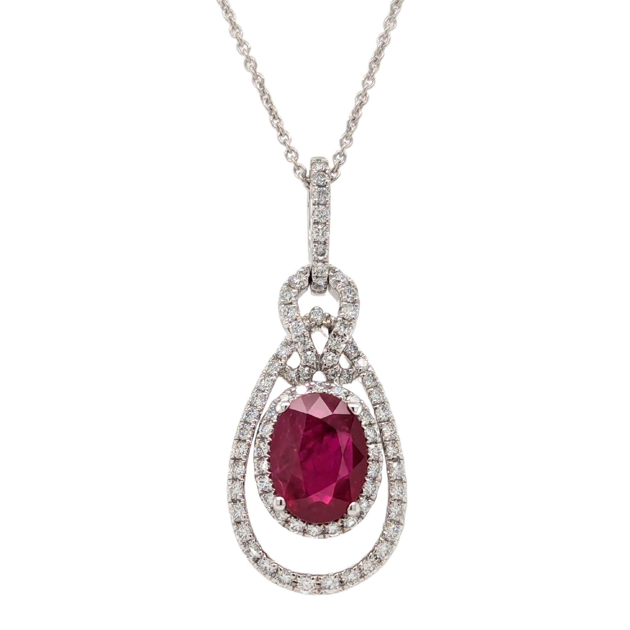 18K White Gold Oval Ruby Diamond Necklace