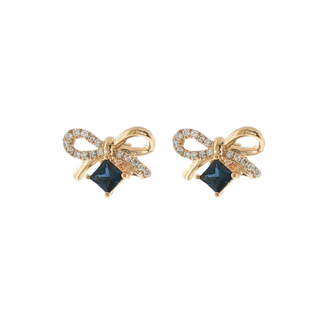 14K YG .35CTW BLUE SAPPHIRE .10CTW DIAMOND BOW EARRINGS
