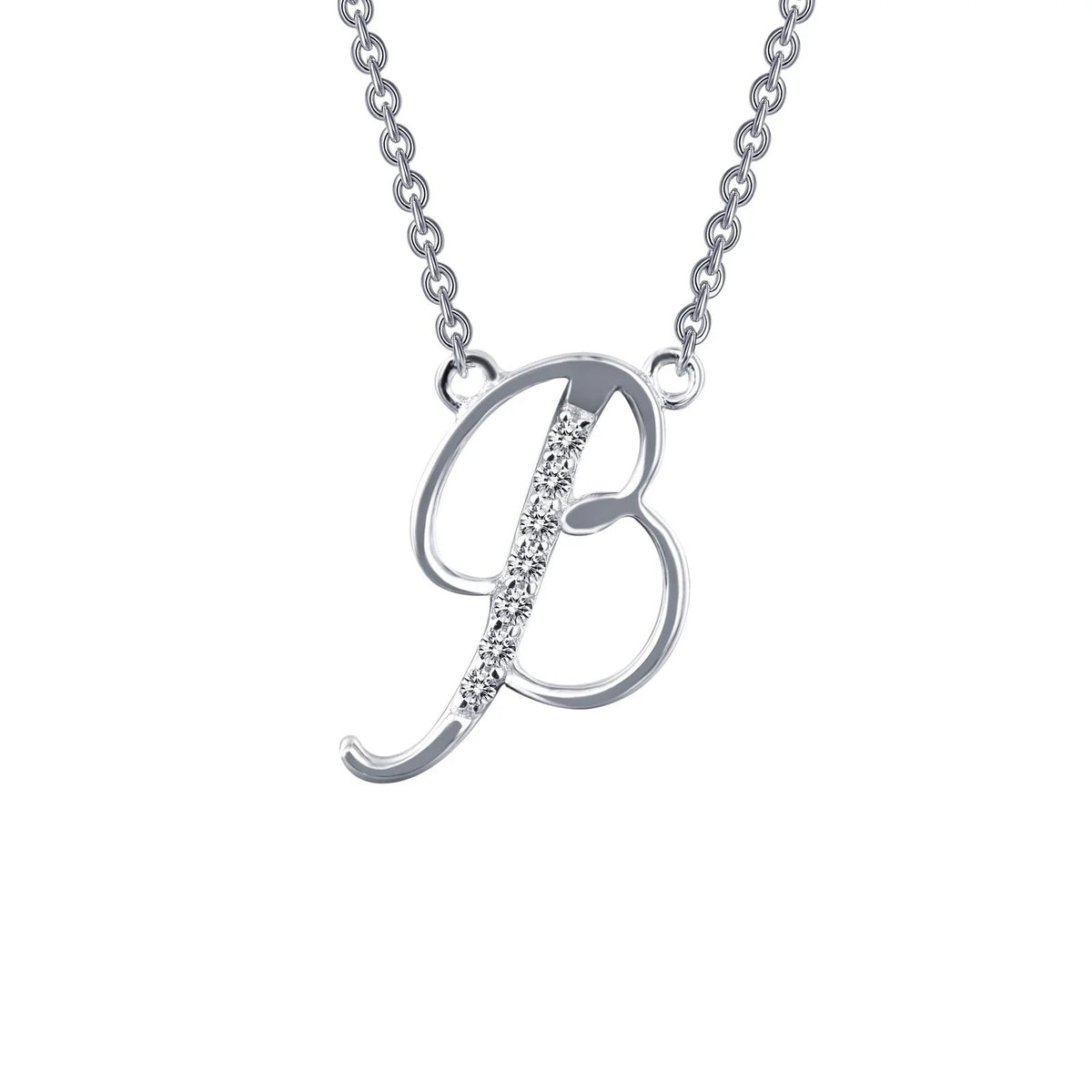 Sterling Silver Initial "B" Script Necklace with Simulated Diamonds