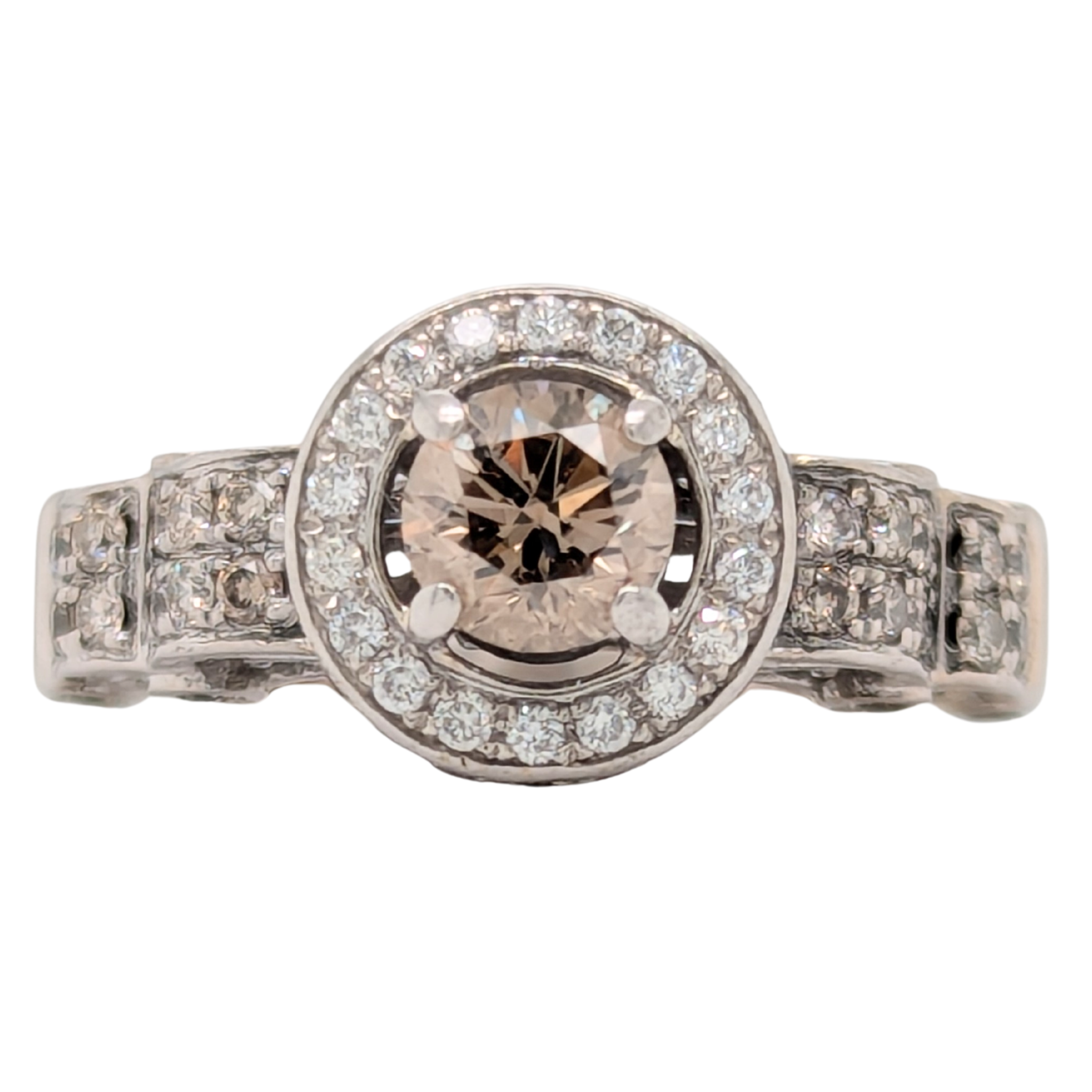 Estate: 14K White Gold Champagne Diamond Halo Engagement Ring
