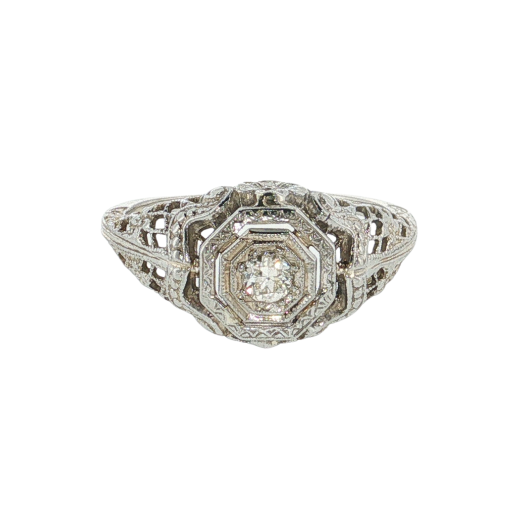 18KW ANTIQUE FILIGREE EURO DIA .10CT