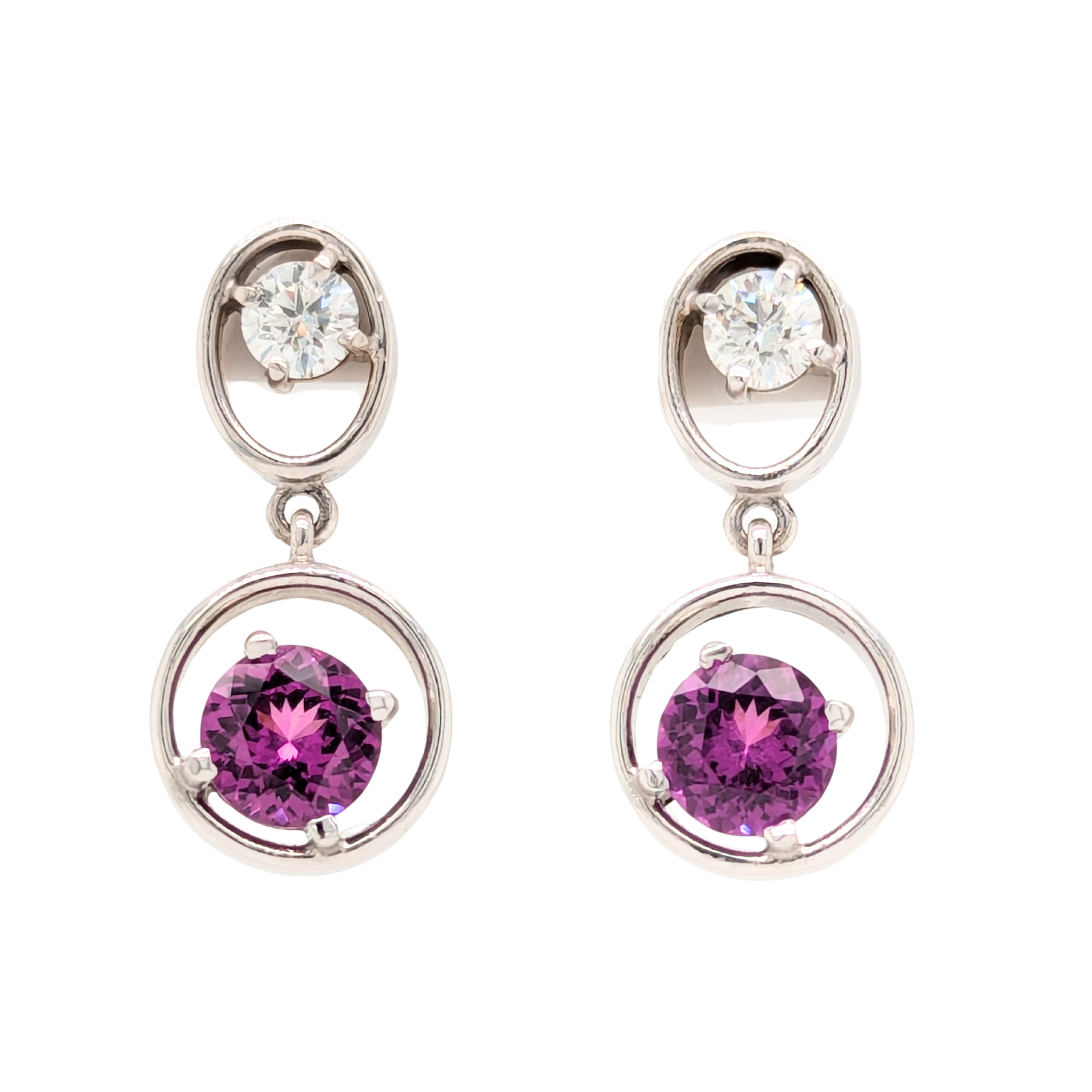 14K White Gold Diamond and Grape Garnet Drop Earrings