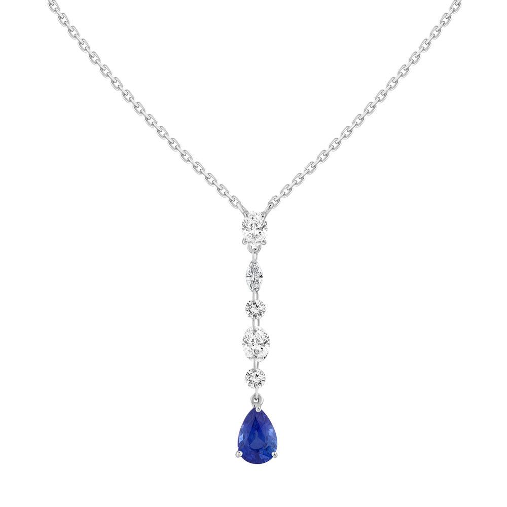 18K White Gold Pear Shape Sapphire Linear Drop Necklace with Diamonds